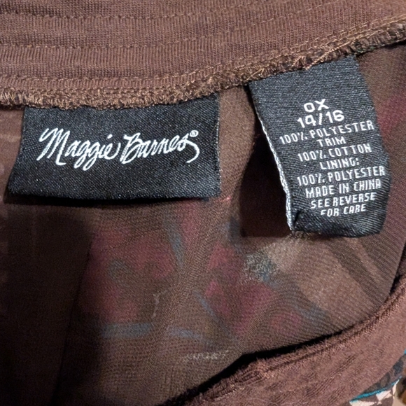 Maggie Barnes Women's XL 14/16 Blouse 3/4 Sleeve Geometric Brown Fuchsia V-Neck - Picture 6 of 7